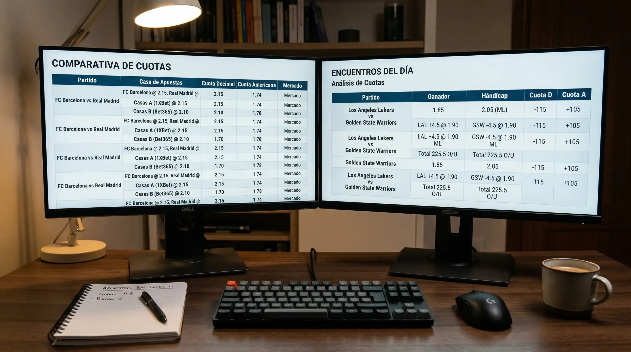 Pantalla mostrando cuotas en formato decimal y americano para un partido NBA