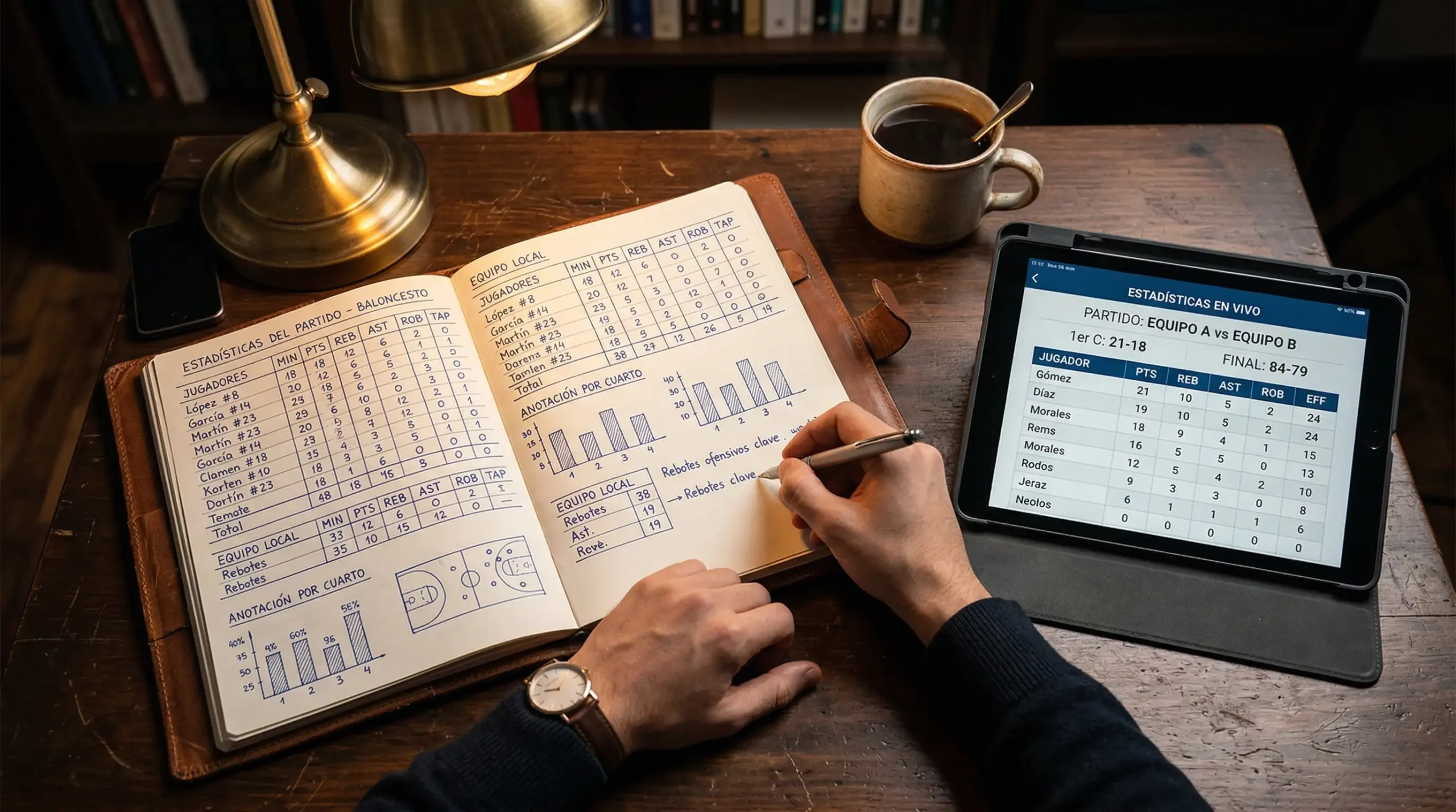 Analista revisando estadísticas de baloncesto NBA en una libreta con datos y anotaciones