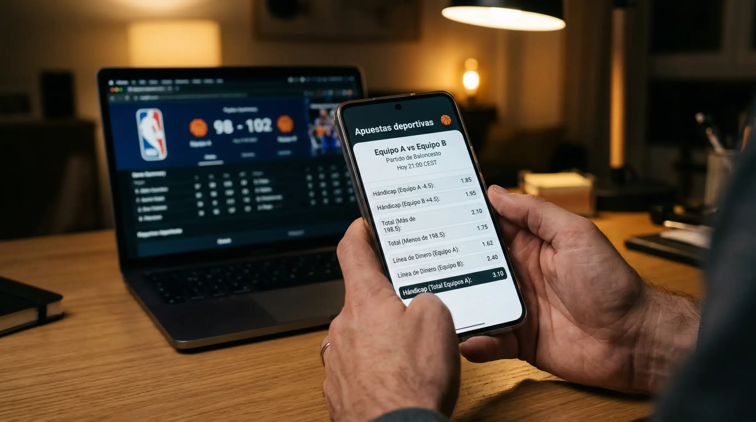 Diferentes mercados de apuestas en un partido de baloncesto NBA: moneyline, spread y totales