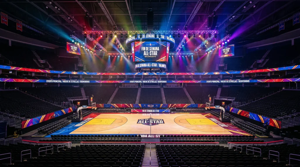 Pabellón de baloncesto NBA decorado para el All-Star Weekend con iluminación especial de gala