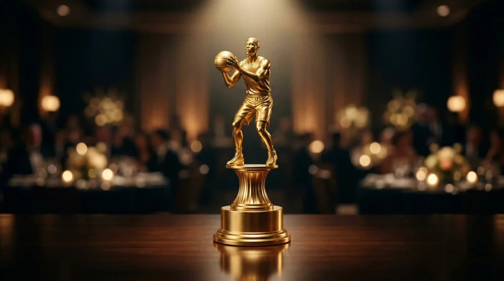 Trofeo MVP de la NBA sobre superficie iluminada en ambiente de gala deportiva