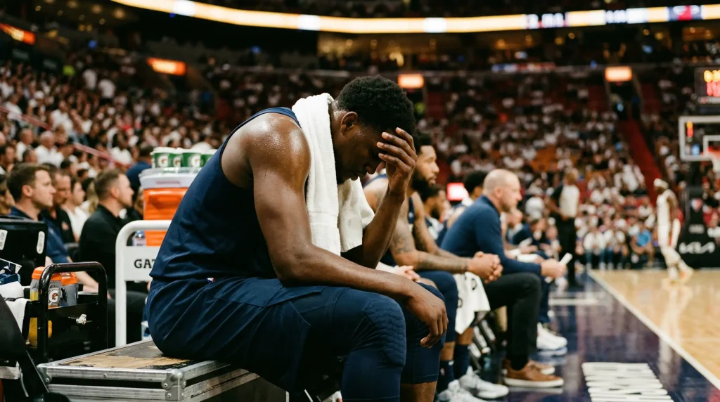 Jugador de baloncesto NBA sentado en el banquillo con signos de cansancio durante un partido