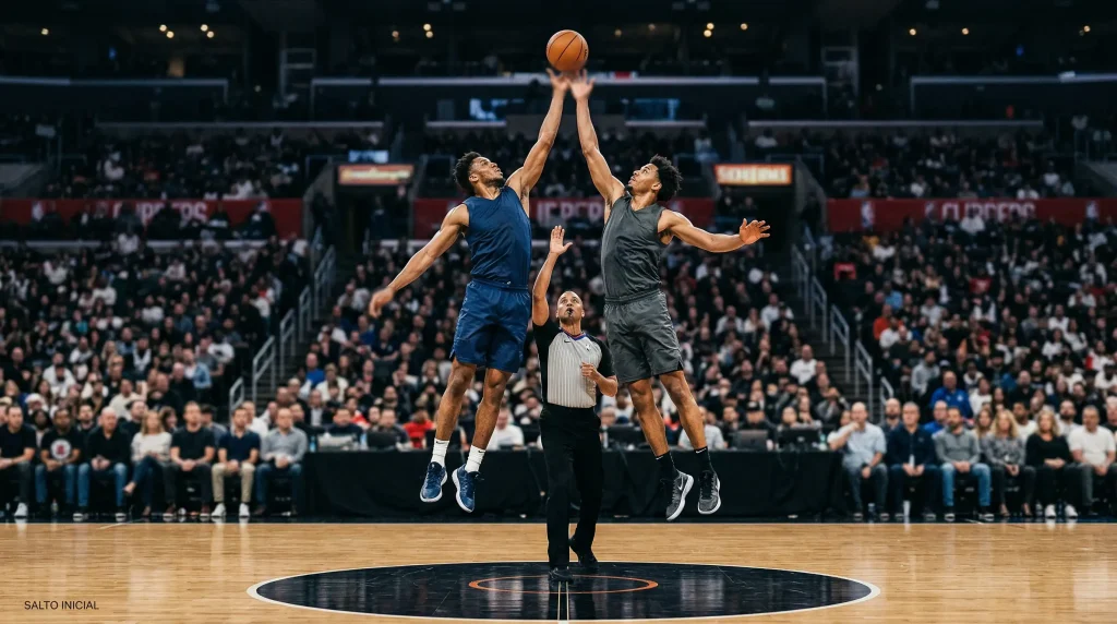 Salto inicial de un partido de baloncesto NBA en el centro de la cancha al comienzo del primer cuarto