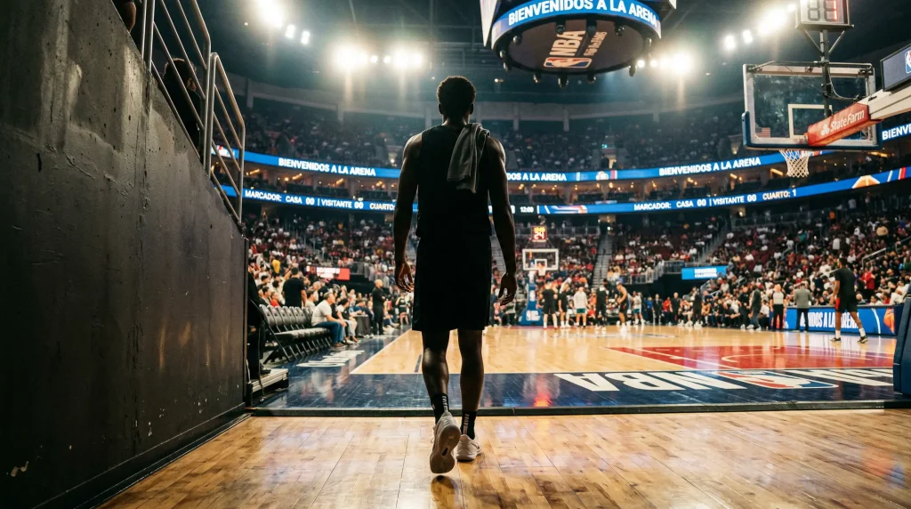 Joven jugador de baloncesto NBA debutante entrando a la cancha profesional por primera vez