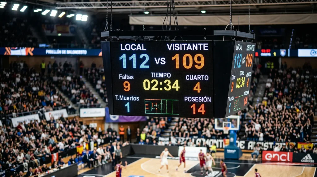 Marcador electrónico de un partido de baloncesto NBA mostrando una puntuación alta