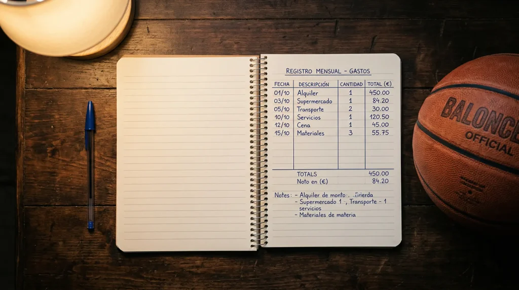 Cuaderno de notas con anotaciones numéricas de gestión de bankroll junto a un balón de baloncesto