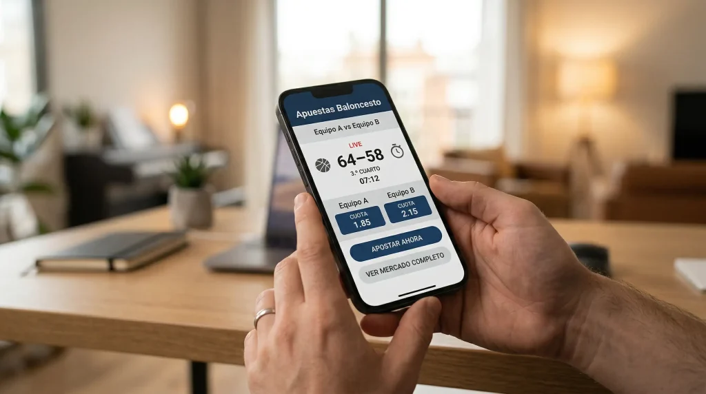 Persona usando un teléfono móvil con una aplicación de apuestas deportivas de baloncesto