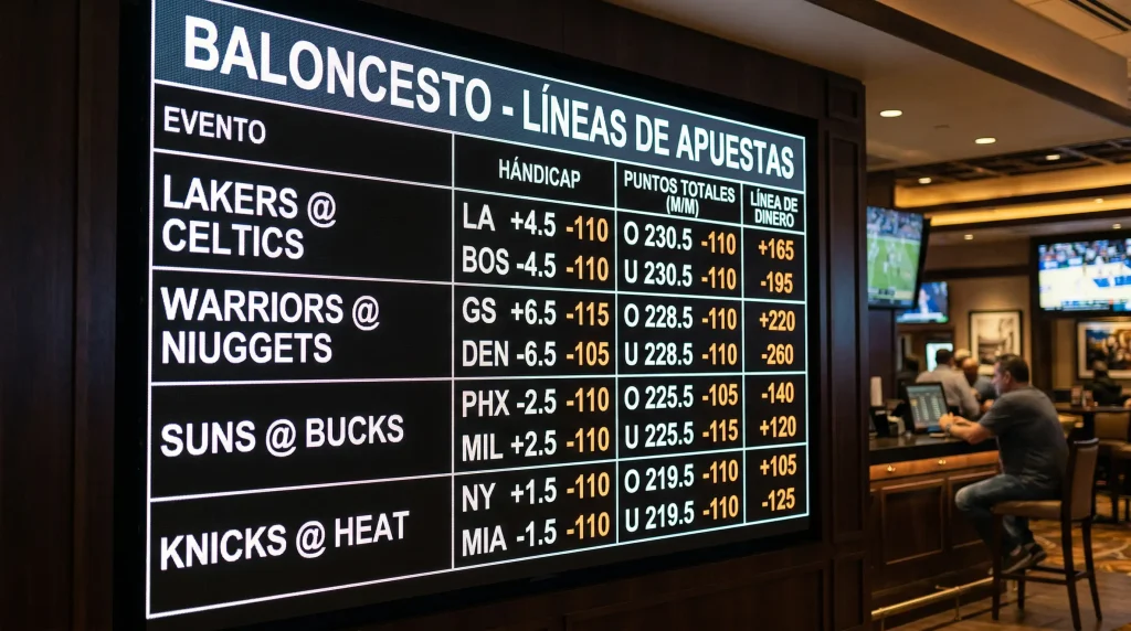 Pantalla de cuotas de apuestas deportivas de baloncesto NBA con formato numérico americano