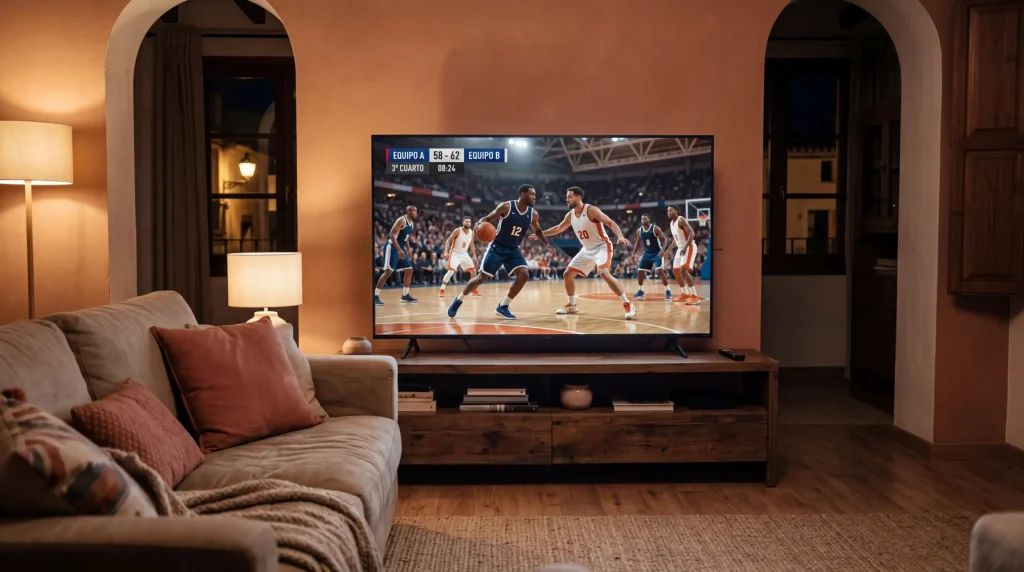 Televisor en un salón español mostrando un partido de baloncesto NBA en directo por la noche