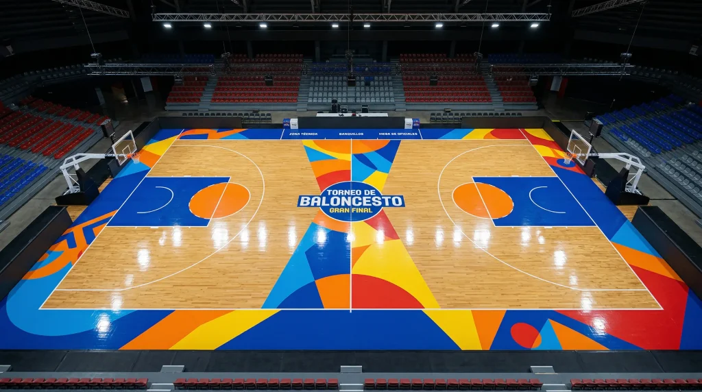 Cancha de baloncesto NBA con diseño especial de torneo iluminada para un partido de copa
