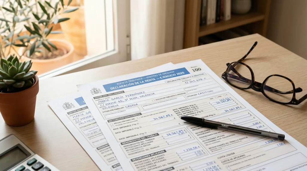 Formulario de declaración de impuestos español junto a documentos de apuestas deportivas sobre escritorio