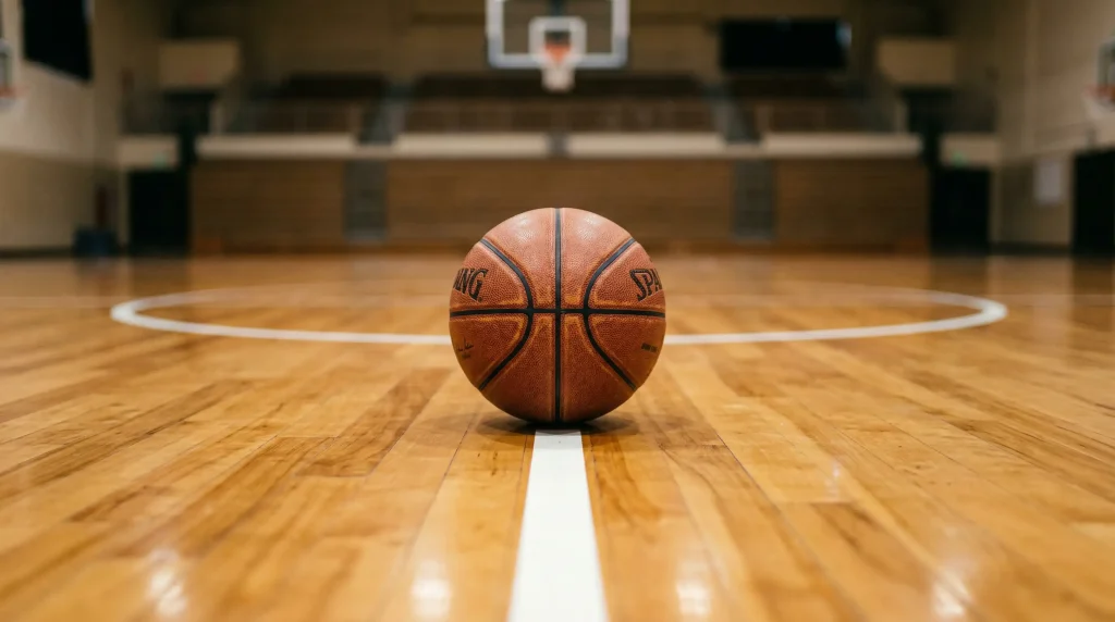 Balón de baloncesto NBA sobre línea de media cancha representando el hándicap asiático en apuestas