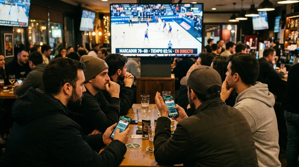 Grupo diverso de aficionados al baloncesto viendo un partido NBA con expresiones variadas de preocupación y entusiasmo