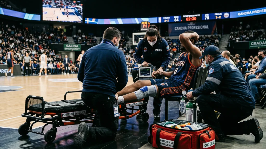 Equipo médico deportivo atendiendo a un jugador de baloncesto NBA en la banda del campo
