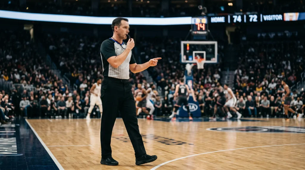 Árbitro de baloncesto NBA en la cancha durante un partido profesional bajo focos del pabellón