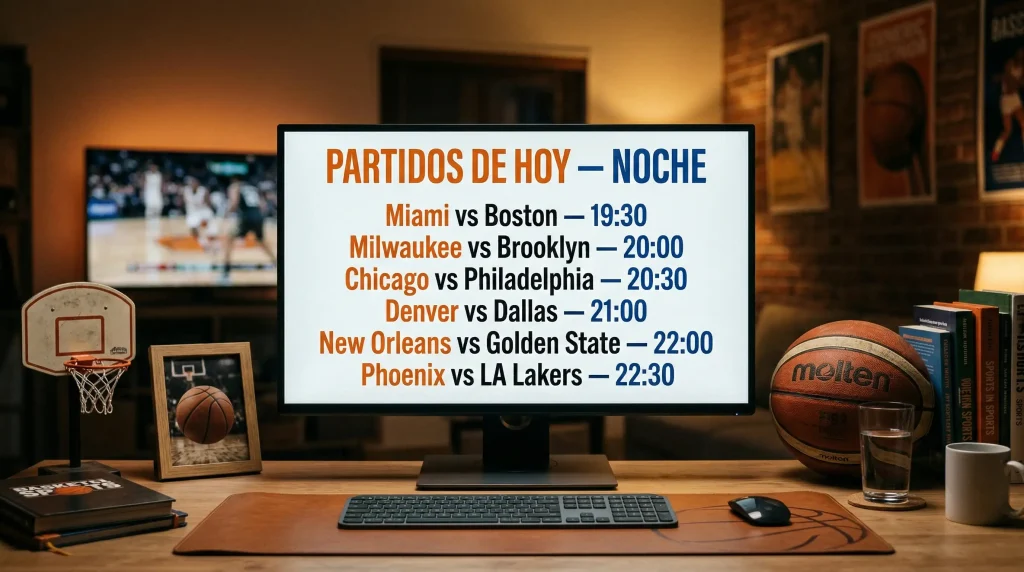 Pantalla mostrando partidos de baloncesto NBA programados para la noche con cuotas deportivas