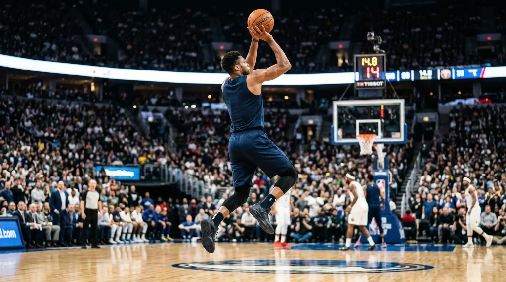 Jugador de baloncesto NBA lanzando a canasta durante un partido profesional en pabellón iluminado