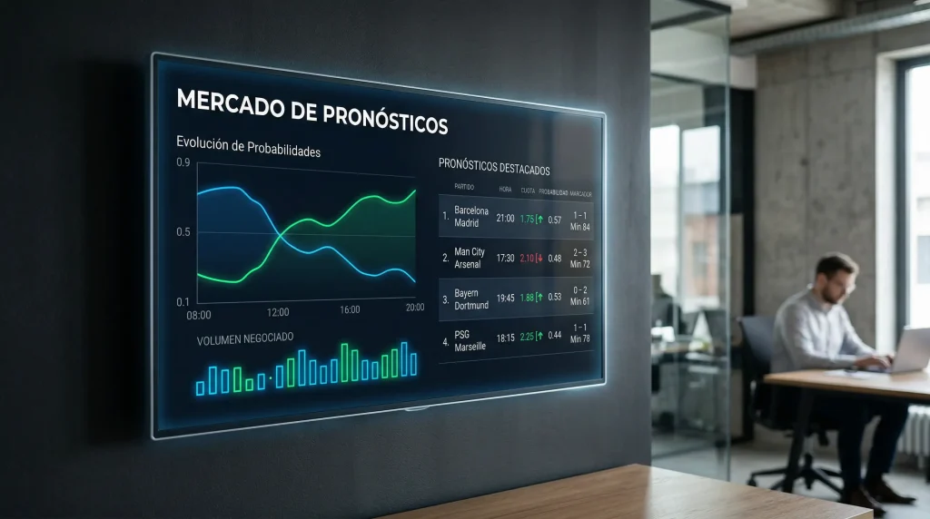 Gráfico de mercado de predicciones deportivas en pantalla digital con datos de baloncesto NBA