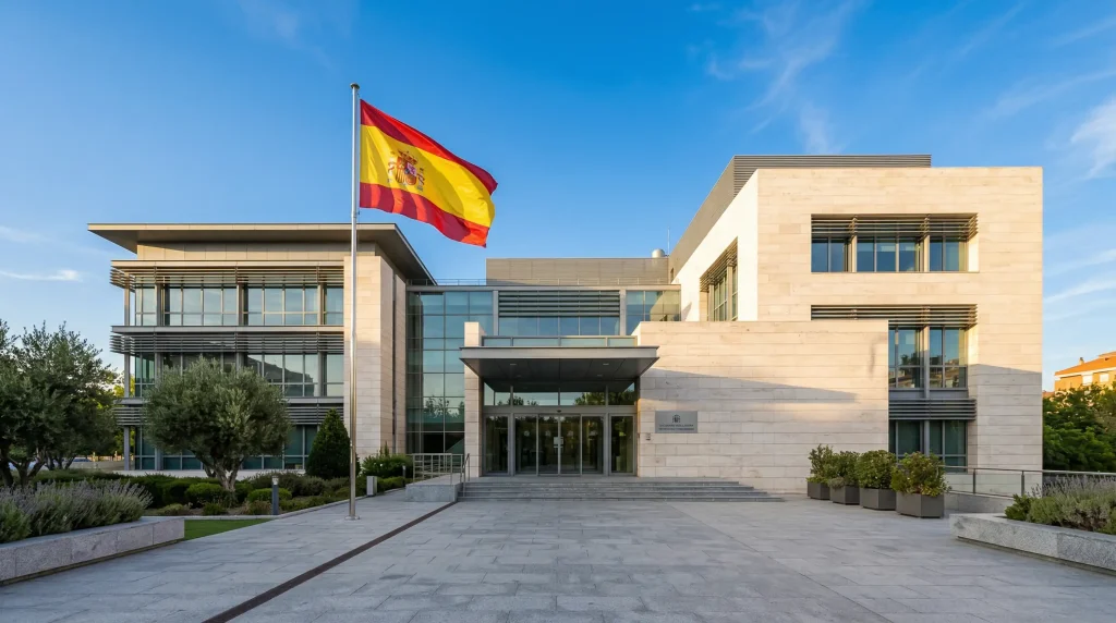 Edificio institucional en España representando la regulación de apuestas deportivas DGOJ