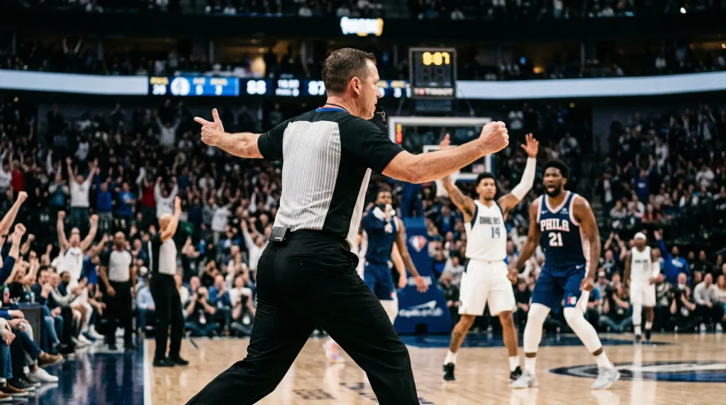 Árbitro de baloncesto NBA tomando una decisión polémica durante un partido profesional