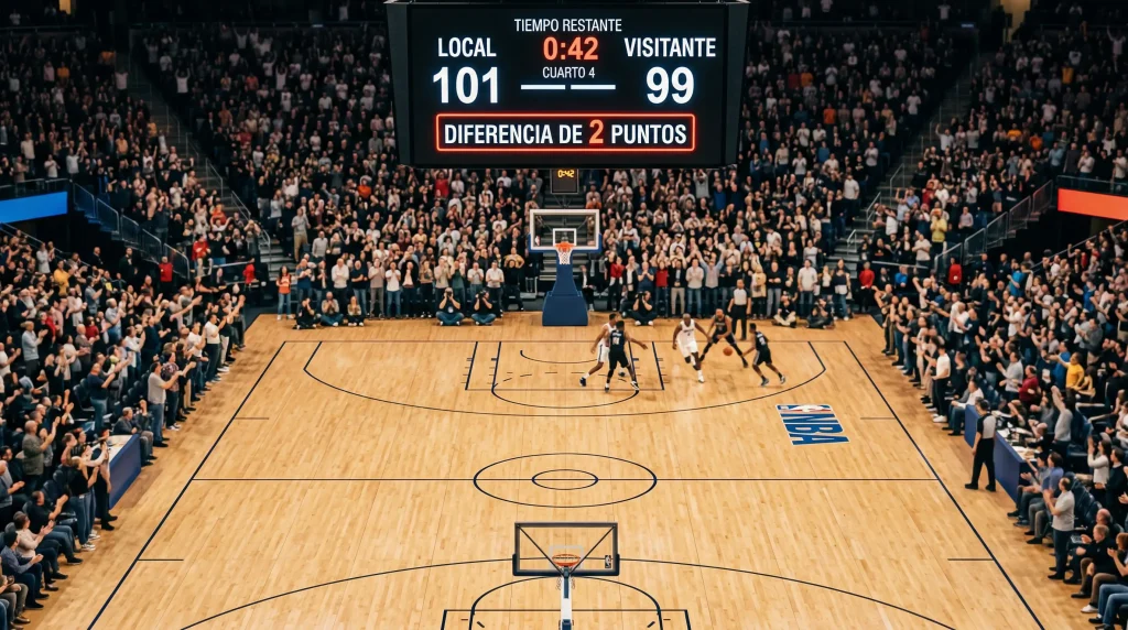 Cancha de baloncesto NBA con marcador electrónico mostrando diferencia de puntos entre equipos