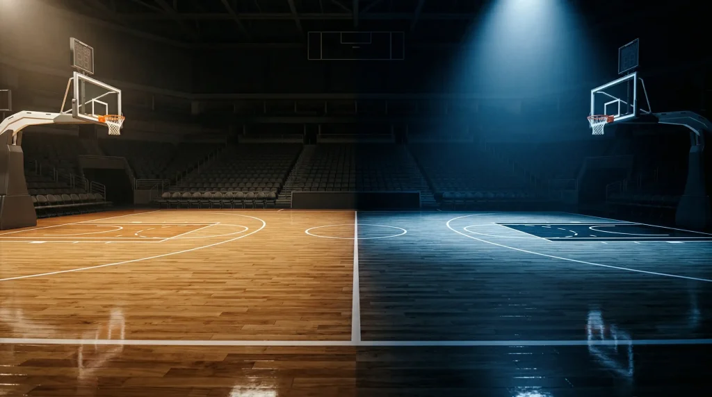 Cancha de baloncesto NBA dividida visualmente entre ambiente de temporada regular y playoffs