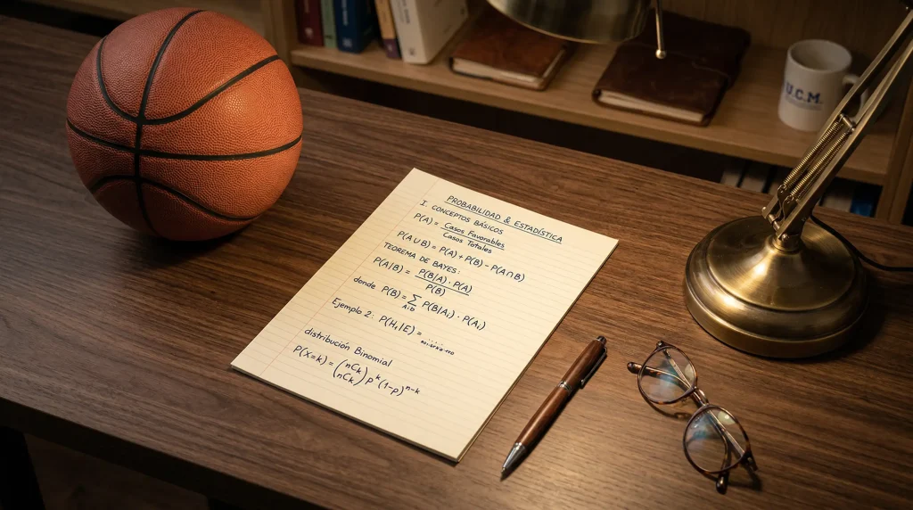 Hoja de cálculos matemáticos de valor esperado junto a un balón de baloncesto sobre escritorio